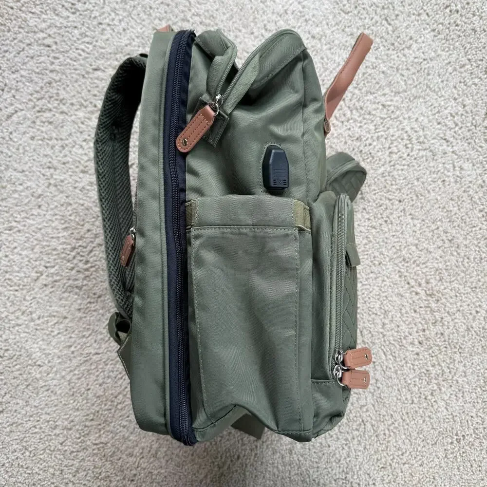 Jollito Green Nylon Diaper Bag Backpack USB Quilted Baby Travel Work Bag Large